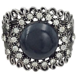 Black Dot Stone Rhinestone Silver Chunky Statement Hinged Bangle Bracelet